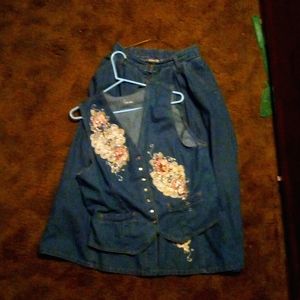Jean Vest ,ear rings ,3/4 length skirt size 12 Clasic eleme embroidered flowers